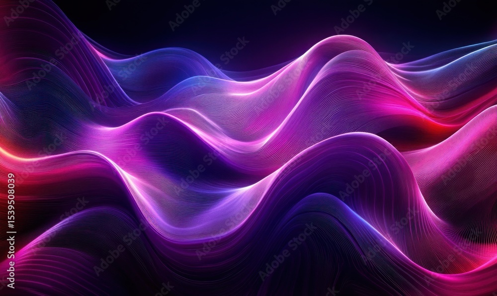 Poster abstract glowing waves with flowing smooth lines in shades of purple, pink, and blue creating a vibr