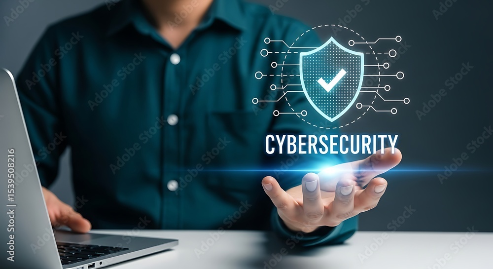 Poster cyber security login interface on laptop screen concept. hands typing on laptop with cybersecurity d