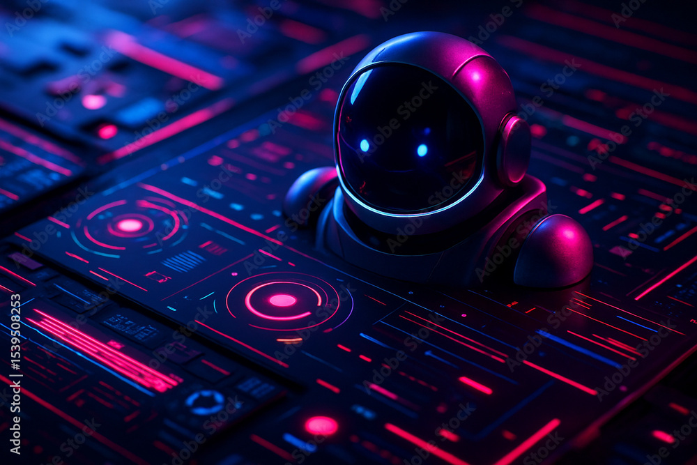 Poster ai generated digital illustration of a sci-fi astronaut-like robot emerging from a glowing control i
