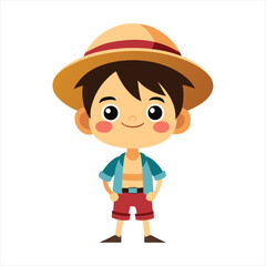 Cute Cartoon Boy with Straw Hat and Red Shorts Illustration