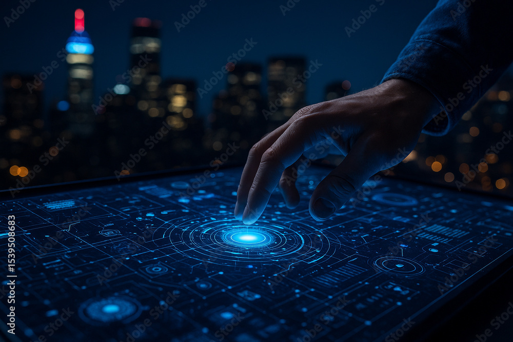 Poster ai generated image of a human hand interacting with a glowing sci-fi control interface on a digital 