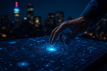 AI generated image of a human hand interacting with a glowing sci-fi control interface on a digital screen with a holographic ring over a cyber city at night