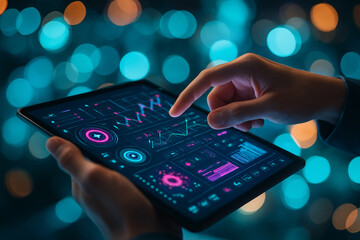 AI generated digital interface showing human hand using futuristic tablet with glowing real-time analytics graphs in neon colors on blurred bokeh background