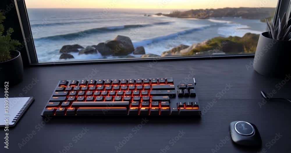 Aufkleber dark keyboard with orange backlight on a dark desk, overlooking a stunning ocean sunset. minimalist 