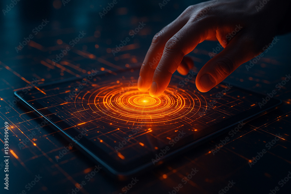Poster ai generated human hand activating glowing orange holographic interface on tablet with digital circu