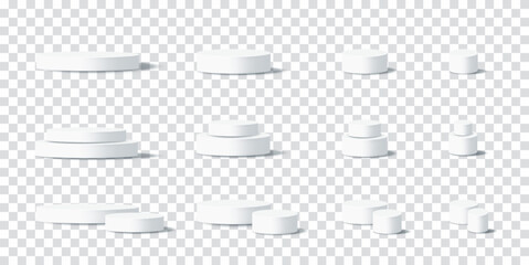 Minimal white podiums display for beauty products. 3D cosmetic pedestal for skincare branding. Vector illustration set on transparent background