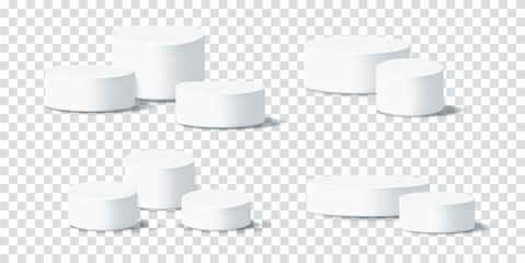 Realistic white stands for cosmetic packaging. 3D podium background for makeup or skincare showcase. Vector illustration set isolated on transparent background