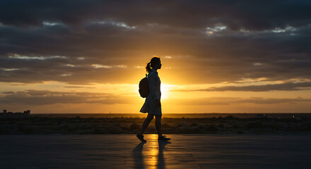 Silhouette of a Woman Walking at Sunset with Backpack and Dress.