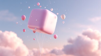 Pink cube floats on balloons in a pastel sky
