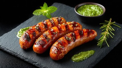 Grilled sausages served with sauce and herbs on a slate plate.