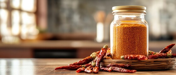 A jar of chili powder sits on a wooden table next to a pile of red peppers