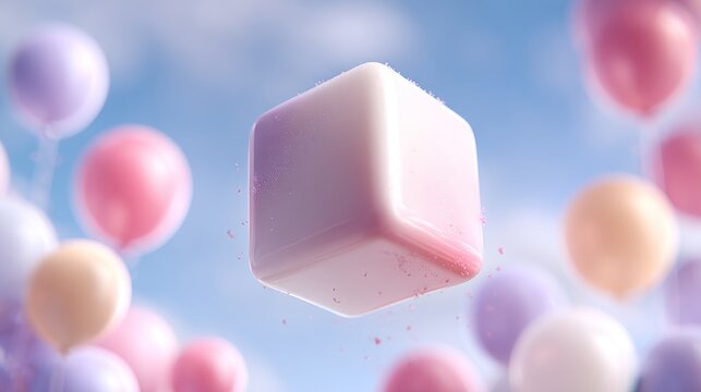 Floating pastel cube amidst colorful balloons - Powered by Adobe