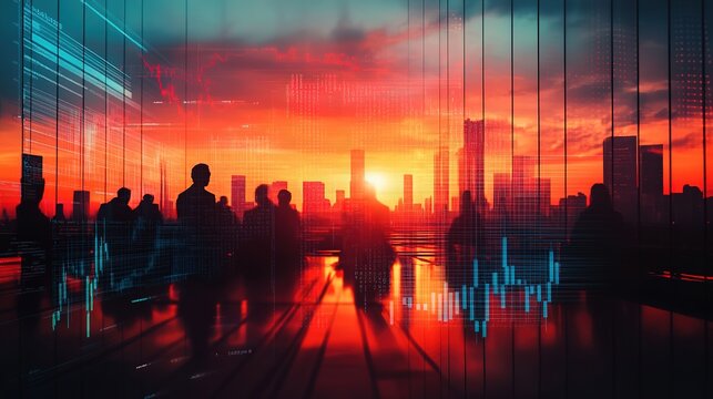 Stunning sunset cityscape view from a modern office, showcasing financial data graphs overlaid on panoramic windows, depicting global business trends.