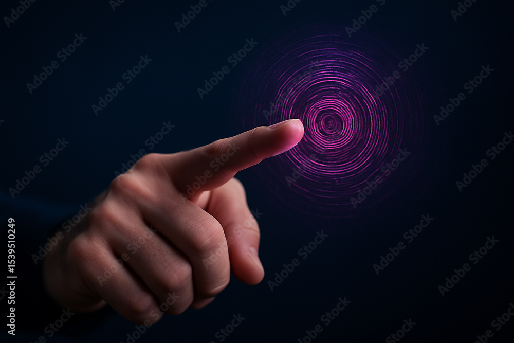 Poster ai generated close up of human finger approaching glowing purple holographic interface representing 