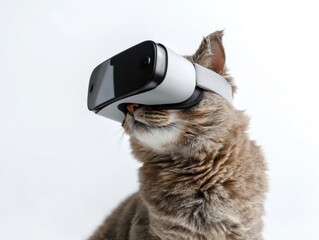 Cat wearing virtual reality headset, showcasing a playful fusion of technology and pets.