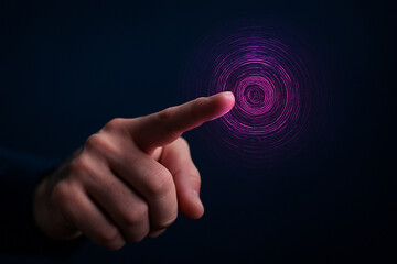 AI generated close up of human finger approaching glowing purple holographic interface representing futuristic touchless interaction biometric access and digital control system