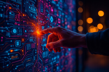 AI generated image of a human hand interacting with a glowing sci-fi holographic interface filled with circuits and data nodes in neon colors against a futuristic command center backdrop