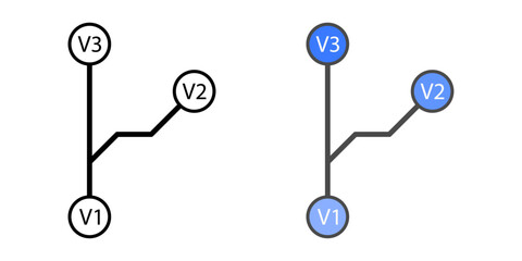 Version control icon with branching arrows and commit dots, in outline and color styles, ideal for illustrating source code management, collaboration, and software versioning.