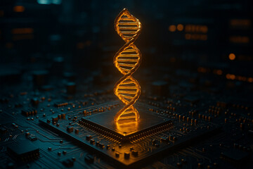 AI generated golden DNA helix floating above a high tech processor blending biological data and futuristic technology with glowing blue and gold atmosphere