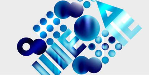 Abstract composition featuring blue spheres, gradients, text elements. Modern design, clean aesthetic, dynamic arrangement.