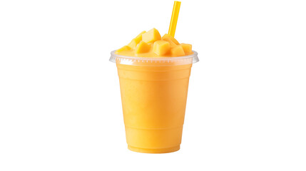 Mango Smoothie,  Mango Slush, Refreshing Mango Smoothie in Plastic Cup, Icy Mango Drink with Straw, Tropical Mango Slush Beverage, Chilled Mango Smoothie To-Go



