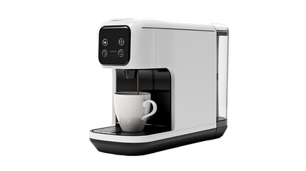 Modern Automatic Coffee Machine with Cup, Sleek Espresso Maker for Home or Office, Smart Coffee Maker with Touch Controls, Compact Pod Coffee Machine Isolated on White, Coffee Machine, Espresso Machin
