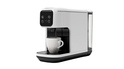 Modern Automatic Coffee Machine with Cup, Sleek Espresso Maker for Home or Office, Smart Coffee Maker with Touch Controls, Compact Pod Coffee Machine Isolated on White, Coffee Machine, Espresso Machin