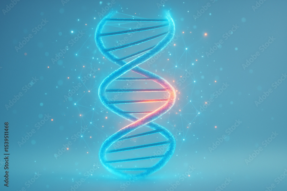 Poster ai generated glowing dna double helix floating in clean blue space with cyan and orange neon effect 