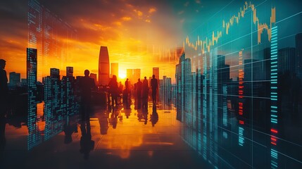 Stock market business and trading concept with digital screen with financial chart graphs and candlestick and group of people in office at sunset, double exposure, Dynamic Stock Market Data Overlay