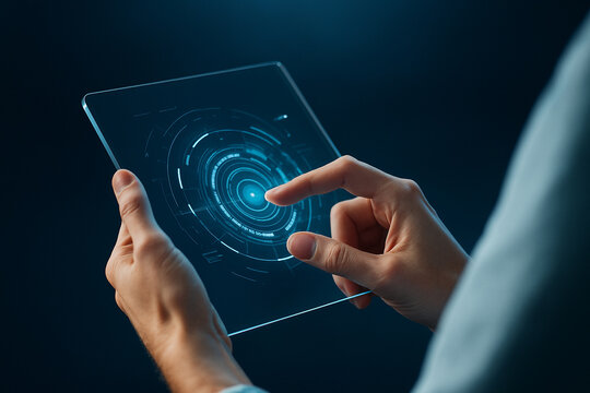 AI generated hands interacting with a transparent smart screen featuring holographic HUD interface rings data layers and glowing controls in a high tech environment