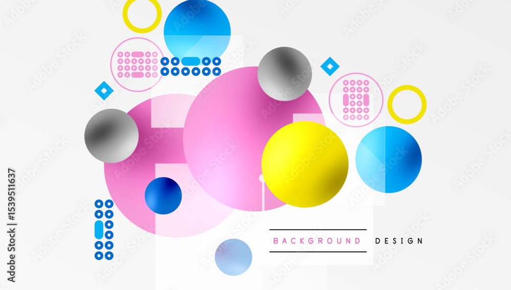 Aufkleber Abstract colorful shapes overlap. Circles, squares, dots create dynamic composition. Modern design elements suggest creativity, innovation.