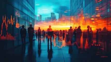 Stock market business and trading concept with digital screen with financial chart graphs and candlestick and group of people in office at sunset, double exposure, Dynamic Stock Market Data Overlay