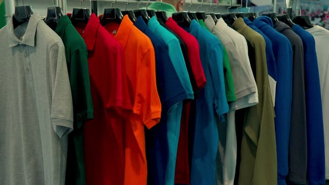 Colorful men's polo shirts displayed on hangers at a textile exhibition. A row of vibrant T-shirts showcases casual fashion and garment quality in a trade fair environment.