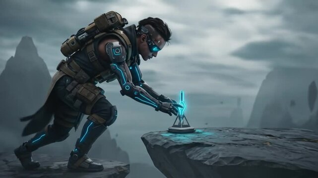 Futuristic explorer activates alien device