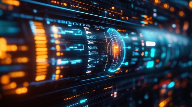 Futuristic digital interface with glowing blue and orange data streams and holographic display elements conveying advanced technology and data flow