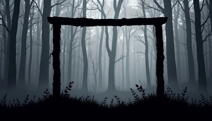 Naklejka premium high quality, high contrast graphic of a silhouetted frame against a misty, blurred woodland background, bold shapes, minimal colors.