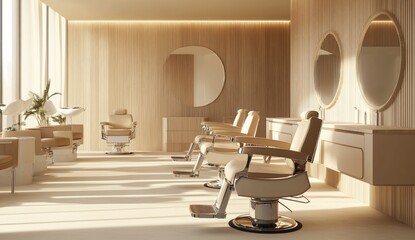 Modern, light-filled salon with beige barber chairs, warm wood paneling, and large mirrors
