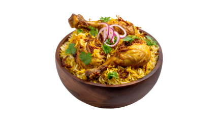 Delicious Chicken Biryani in Wooden Bowl Aromatic Rice Dish