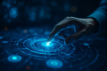 AI generated image of a human hand activating a holographic touchscreen with glowing concentric data rings representing advanced digital interaction in a sci-fi control environment