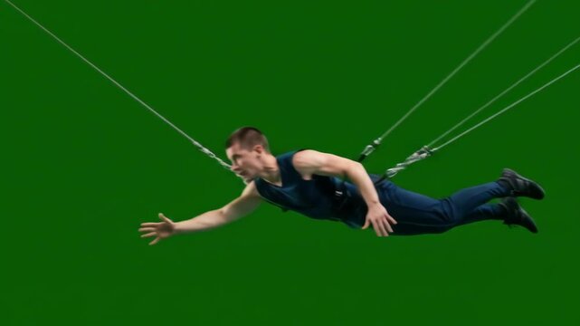 Athletic Man in Mid-Air Pose with Green Background