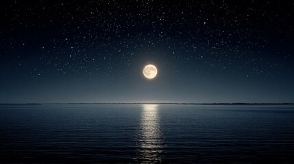 Full moon over a still body of water at night.
