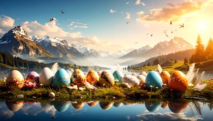 Easter eggs with alpine lake sunrise.