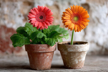 Two Gerbera Daisy plants, one alive and one dead in terra cotta pots