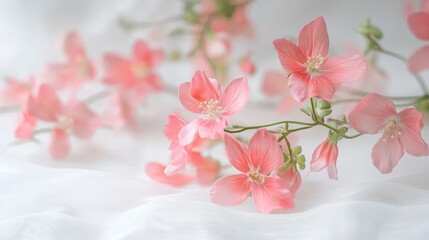 Delicate pink artificial flowers arranged on a white fabric background.