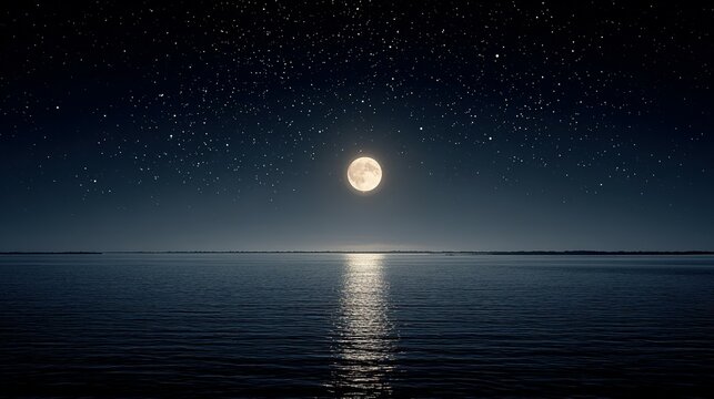 Full moon over a still body of water at night.