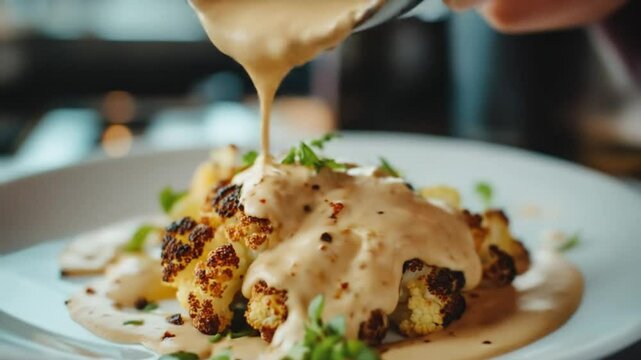 Cauliflower head generously doused in sauce