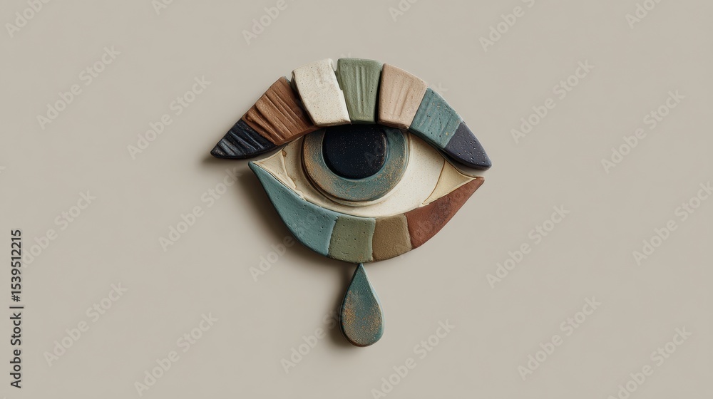 Poster Abstract Clay Eye Shape With a Single Tear in Muted Tones Captures Emotions of Sadness and Reflection in a Modern Art Display