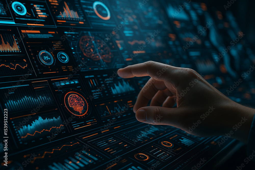 Poster ai generated image of a human hand interacting with a sci fi digital interface filled with analytica