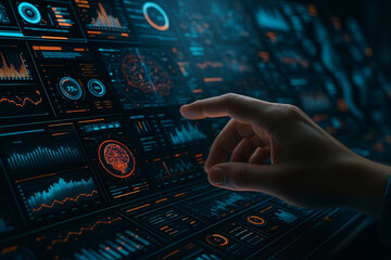 AI generated image of a human hand interacting with a sci fi digital interface filled with analytical graphs glowing icons and real time data in a high tech environment.