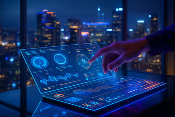 AI generated image of a human hand interacting with a transparent holographic control interface against a glowing night cityscape background. The UI includes dynamic graphs, waveforms and data panels.